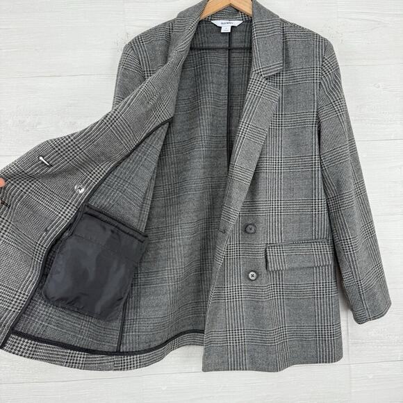 Old Navy Wool-like Double Breasted Blazer Women M Plaid Houndstooth Gray Office - Picture 4 of 16